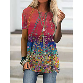 Women's T shirt Floral Graphic Print Round Neck Tops Basic Boho Basic Top Purple Red