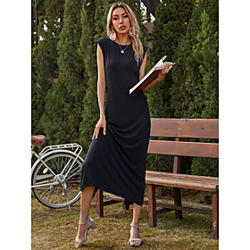 LITB Basic Women's Dress Maxi long Sleeveless Solid Colo Round Neck Elegant