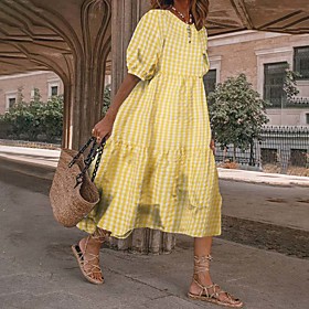 Women's A Line Dress Midi Dress Plaid-pink Plaid-yellow Plaid-black Half Sleeve Grid Pattern Spring Summer Streetwear 2021 S M L XL XXL 3XL 4XL 5XL / Cotton /