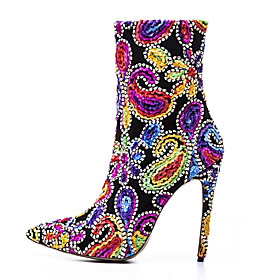 Women's Boots Stiletto Heel Pointed Toe Booties Ankle Boots Knit Color Block Red Light Purple