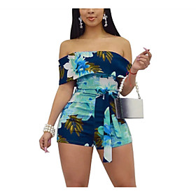 Women's Casual 2021 Blue bottom printing White background printing Powder blue print Jumpsuit Solid Color