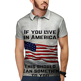 Men's Golf Shirt Tennis Shirt 3D Print American Flag Letter Button-Down Short Sleeve Street Tops Casual Fashion Cool Gray / Sports