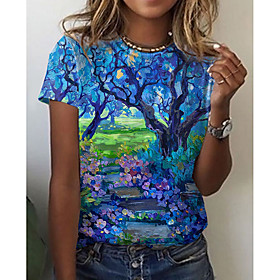 Women's Floral Theme 3D Printed Painting T shirt Floral Scenery 3D Print Round Neck Basic Tops Blue