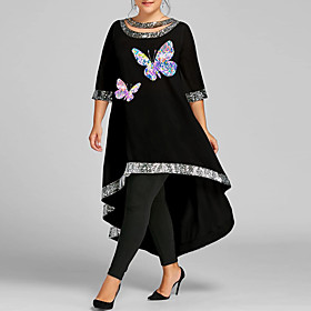 Women's Plus Size Dress Swing Dress Maxi long Dress 3/4 Length Sleeve Graphic Butterfly Sequins Casual Summer White Wine Black XL XXL 3XL 4XL 5XL