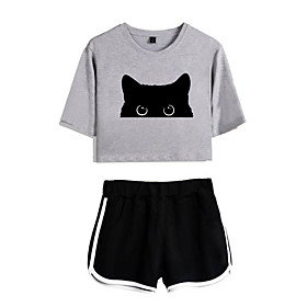 Women Basic Cat Casual / Daily Two Piece Set Tracksuit Loungewear Print Tops