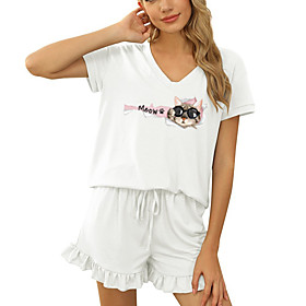 Women Basic Streetwear Cat Casual Vacation Two Piece Set Tracksuit T shirt Loungewear Jogger Pants Drawstring Print Tops