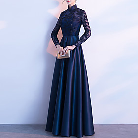 A-Line Chinese Style Vintage Prom Formal Evening Dress Stand Collar Long Sleeve Floor Length Satin with Pleats Appliques 2021