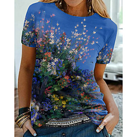 Women's Floral Theme Painting T shirt Floral Graphic Print Round Neck Basic Tops Blue
