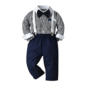 Toddler Boys' Shirt  Pants Clothing Set 4 Pieces Long Sleeve Royal Blue Striped Vacation Family Gathering Gentle 1-5 Years