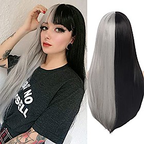 womens half half wig black grey long straight wig with bangs synthetic heat resistant cosplay halloween party wig beweig
