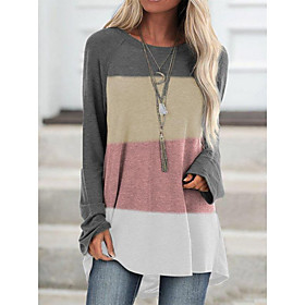 Women's Abstract T shirt Color Block Long Sleeve Print Round Neck Basic Tops Blue Rainbow