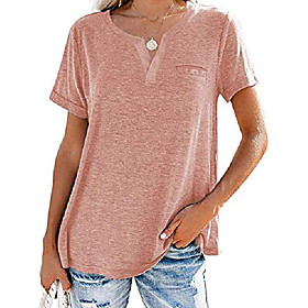 womens short sleeve t shirts v neck summer tops loose tunic henley tees with pocket pink
