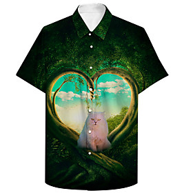 Men's Shirt 3D Print Cat Scenery Animal Plus Size 3D Print Button-Down Short Sleeve Casual Tops Casual Fashion Breathable Comfortable Green / Sports