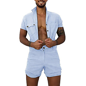 Men's Active Casual / Daily Sports  Outdoor Office / Career Retro Blue Army Green Black Romper Solid Colored Button Front Button