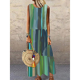 Women's Shift Dress Maxi long Dress Green Sleeveless Striped Print Summer Round Neck Elegant 2021 S M L XL XXL 3XL