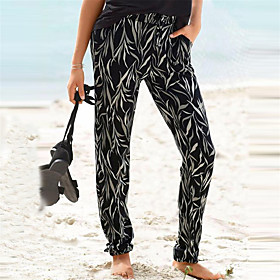 Women's Stylish Soft Daily Going out Pants Pants Leaf Full Length Print Black