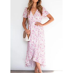 Women's Sundress Maxi long Dress Blushing Pink Light Blue Short Sleeve Print Summer V Neck Casual Holiday 2021 S M L XL