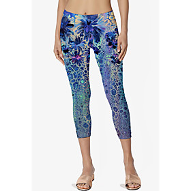 Women's Stylish Athleisure Breathable Soft Going out Fitness Leggings Pants Flower / Floral Graphic Prints Calf-Length Print Blue