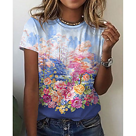Women's Floral Theme Abstract 3D Printed T shirt Floral Scenery 3D Print Round Neck Basic Tops Blue