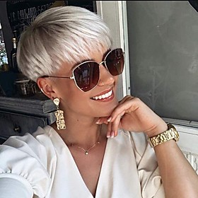 Short Pixie Cuts Hair Wigs Ombre Platinum Blonde Natural Straight Heat Resistant Synthetic Wigs with Bangs Natural Daily Use Wig with Wigs Cap for White Women