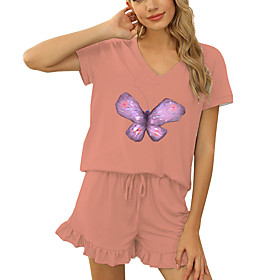 Women Basic Streetwear Butterfly Animal Casual Vacation Two Piece Set Tracksuit T shirt Loungewear Shorts Jogger Pants Drawstring Print Tops