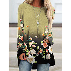 Women's Floral Theme T shirt Graphic Flower Long Sleeve Print Round Neck Basic Tops Yellow Army Green