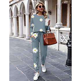Women Basic Streetwear Floral Holiday Vacation Two Piece Set Tracksuit T shirt Pant Loungewear Drawstring Print Tops