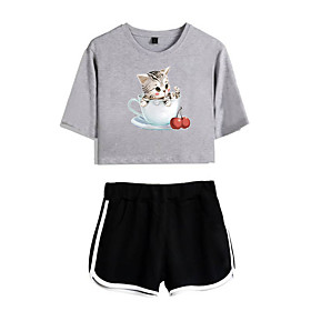 Women Basic Streetwear Cat Animal Casual Vacation Two Piece Set Tracksuit T shirt Loungewear Shorts Jogger Pants Drawstring Print Tops