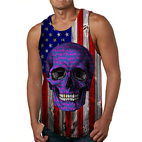 Men's Tank Top Undershirt 3D Print Graphic Prints Skull American Flag National Flag Print Sleeveless Daily Tops Casual Designer Big and Tall Blue / Summer