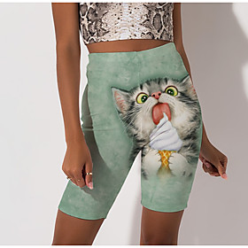 Women's Stylish Athleisure Breathable Soft Beach Fitness Biker Shorts Pants Cat Animal Knee Length Print Green