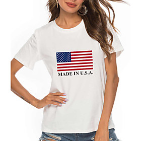 Women's Painting T shirt American Flag Stars and Stripes Letter Print Round Neck Basic Tops 100% Cotton Gray White