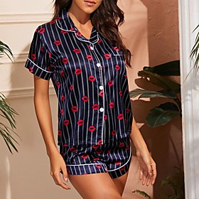 Women's Pajamas Sets Stripe Printing Stripes Leaf Cotton Blend Casual Pajamas Shirt Shorts Shirt Collar Home Casual Short Sleeve Hook  Eye / Flower