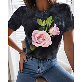 Women's Floral Theme Painting T shirt Floral Graphic 3D Print Round Neck Basic Tops Black