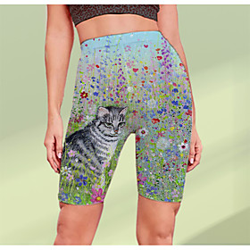 Women's Stylish Athleisure Breathable Soft Beach Fitness Biker Shorts Pants Cat Flower / Floral Animal Knee Length Print Green