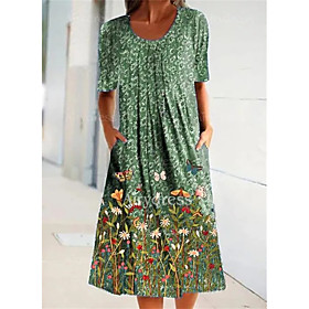 Women's Shift Dress Midi Dress Blue Wine Green Short Sleeve Floral Butterfly Ruched Print Fall Spring Round Neck Casual Holiday Loose 2021 S M L XL XXL