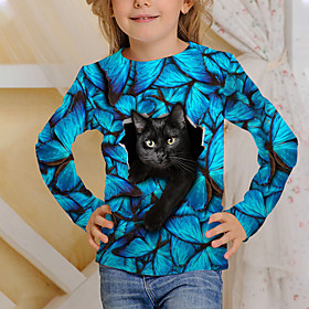 Kids Girls' T shirt Tee Long Sleeve Cat 3D Print Animal Print Blue Children Tops Fall Active School Daily Wear Regular Fit 4-12 Years
