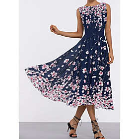 Women's Swing Dress Midi Dress Navy Blue Sleeveless Floral Print Summer Round Neck Casual Holiday 2021 S M L XL XXL