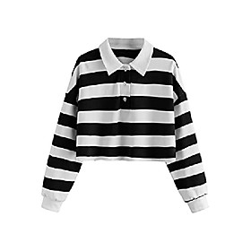 women's long sleeve t-shirt button front striped polo shirt white black xs