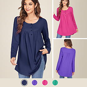 LITB Basic Women's Button Front Shirt Long Sleeve Shirt Solid Color Daily Wear