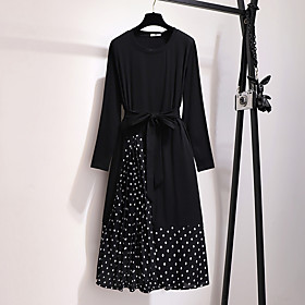 Women's Plus Size Dress A Line Dress Maxi long Dress Long Sleeve Polka Dot Bow Print Elegant Fall Spring Black XXL 3XL 4XL 5XL 6XL