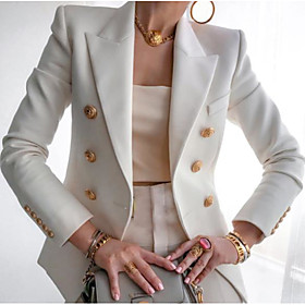 Women's Blazer Solid Colored Classic Style OL Style Long Sleeve Coat Fall Spring Business Double Breasted Regular Jacket Yellow / Shirt Collar / Plus Size