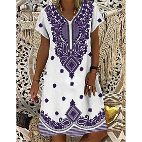 Women's T Shirt Dress Tee Dress Knee Length Dress White Short Sleeve Floral Print Print Summer V Neck Casual Holiday 2021 S M L XL XXL 3XL