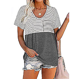 women's t shirts crew-neck short sleeve striped color block blouses t-shirt casual tops (m)