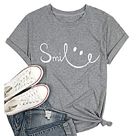 smile t shirt for women cute smile graphic tee casual letter print short sleeve tops gray