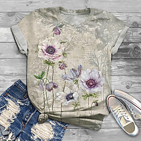 Women's Plus Size Tops T shirt Floral Graphic Print Short Sleeve Crewneck Basic Summer Yellow Blushing Pink Big Size XL XXL 3XL 4XL 5XL