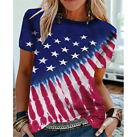 Women's T shirt American Flag National Flag Round Neck Basic Tops Blue