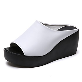 Women's Clogs  Mules Wedge Heel Peep Toe PU Solid Colored White Black