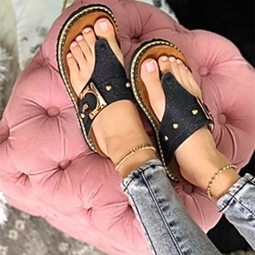 Women's Sandals Flat Heel Round Toe PU Solid Colored Pink Khaki Black