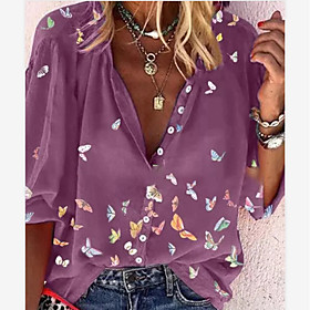 Women's Plus Size Tops Shirt Butterfly 3/4-Length Sleeve V Neck Casual Fall Spring Blue Purple Gray Big Size L XL XXL XXXL 4XL / Cotton / Holiday / Cotton