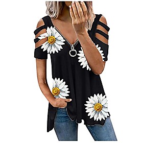 womens off shoulder short sleeve tops,floral printed strappy loose t-shirts cut out blouses tunics